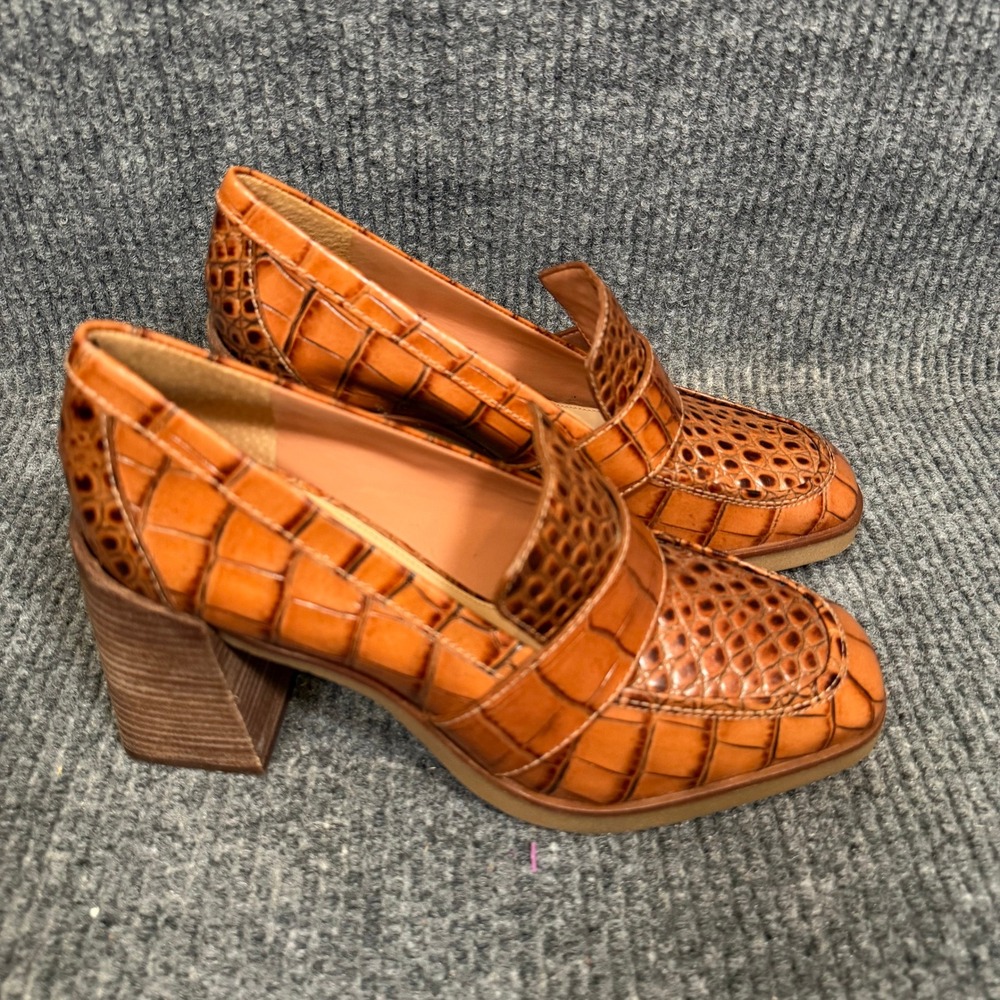 Vince Camuto EZERNA Croc Embossed Leather Chunky Block Heel Loafers Retro US 9M